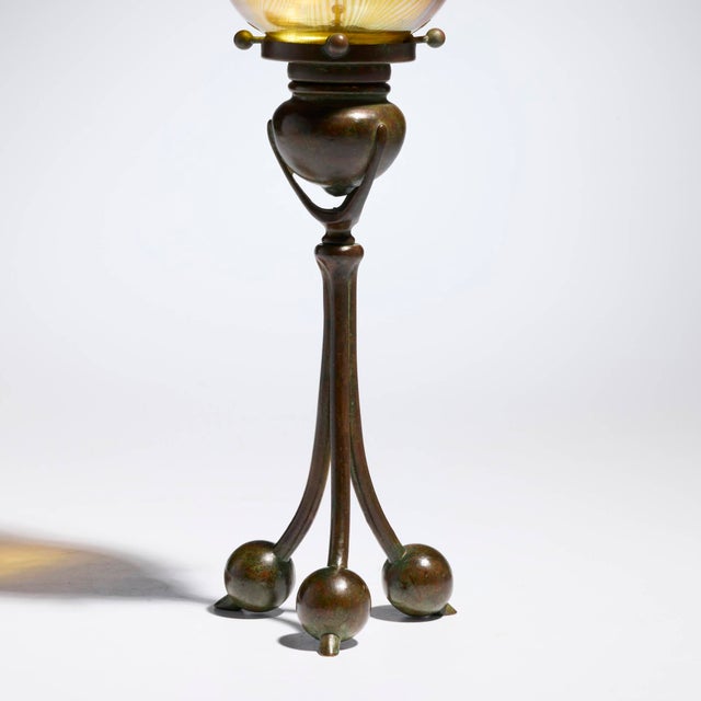 Tiffany Studios Antique Tiffany Studios Tripod Candlestick With Feather Favrile Glass Shade For Sale - Image 4 of 10