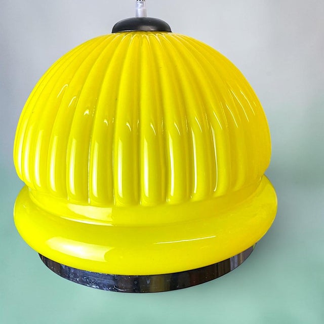 Large Space Age Yellow Opaline Ribbed Glass Dome Hanging Light, 1970s For Sale - Image 6 of 13