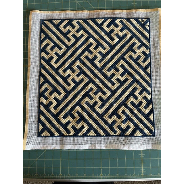 This Geometric Navy Blue and Cream Finished Needlepoint Canvas is absolutely fabulous Truly a one of a kind textile that...