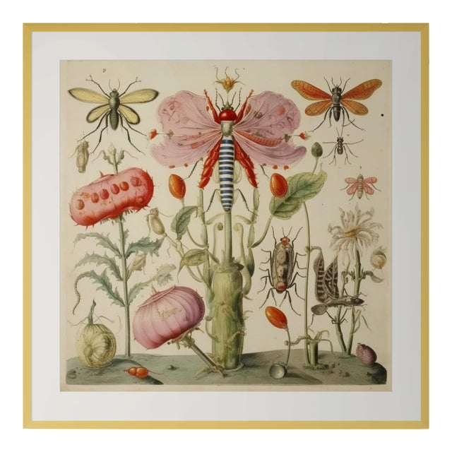 18" X 18" Framed 'Insects and Flowers' Botanical Print For Sale