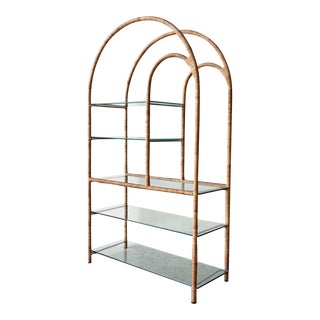 Boho Chic Rattan and Glass Etagere For Sale