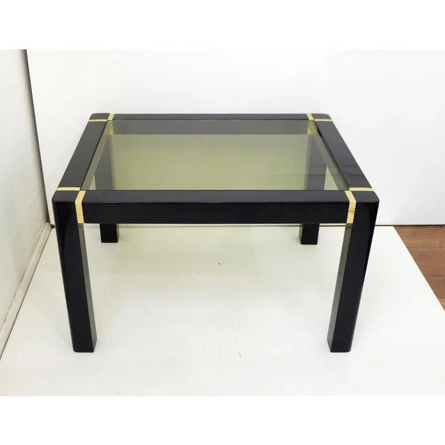 Small Vintage Coffee Table in Black Lacquered Wood & Gold Metal, Smoked Glass Tray, 1970s For Sale - Image 11 of 11