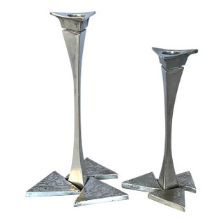 Cool Pair of Brutalist/Modernist Candlesticks, Nickel-Plated Brass, MCM Ca. 1970-80 For Sale