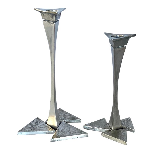 Cool Pair of Brutalist/Modernist Candlesticks, Nickel-Plated Brass, MCM Ca. 1970-80 For Sale