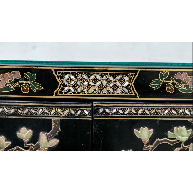 Black Chinese Black Lacquer Cabinet With Carved Hardstone and Mother-of-Pearl Inlay, Circa 1930 For Sale - Image 8 of 12