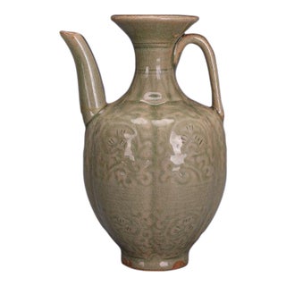 Vintage Chinese Celadon Glaze Yaozhou Style Ewer, Carved Floral Wine Pitcher For Sale