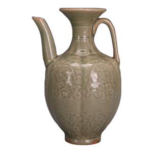 Vintage Chinese Celadon Glaze Yaozhou Style Ewer, Carved Floral Wine Pitcher