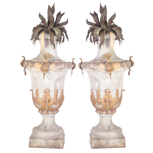 Large 18th Century Bohemian Decorative Lime Wood Vases, Set of 2 For Sale