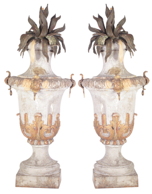 Large 18th Century Bohemian Decorative Lime Wood Vases, Set of 2