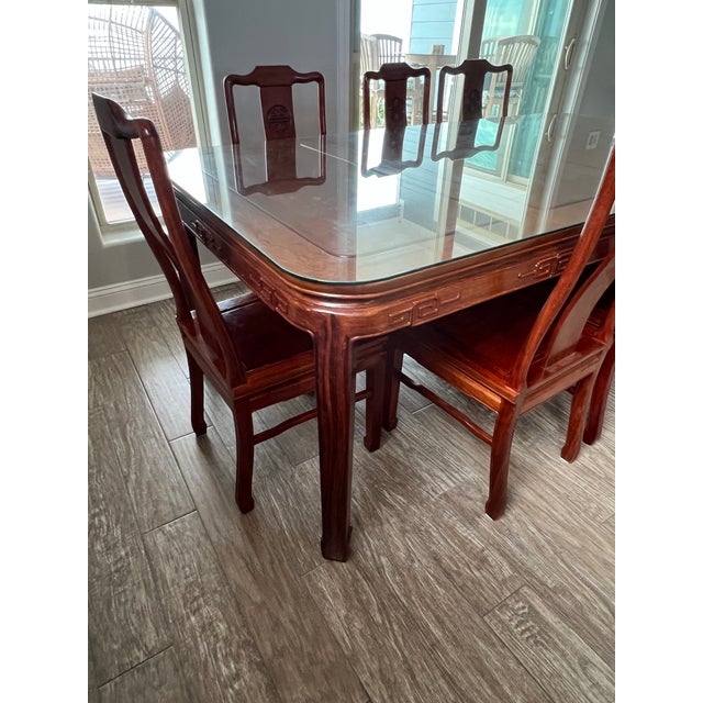 Chinese Vintage Chinese Solid Rosewood Dining Set (Seats 8) + Custom Glass Top For Sale - Image 3 of 5