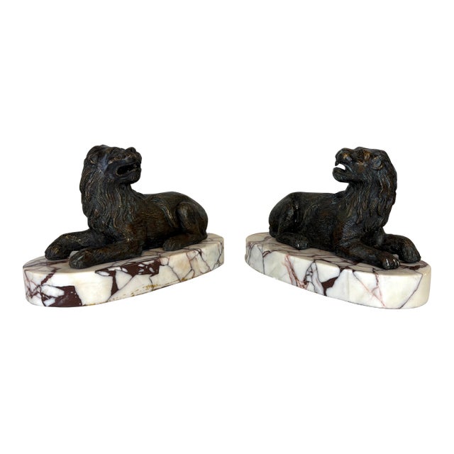 Neoclassical Style Italian Bronze Lions on Marble Sculptures For Sale