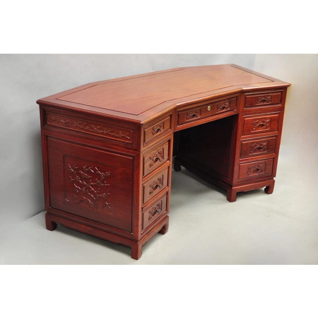 Vintage Chinese Bird Carved Hardwood Kneehole Writing Desk With Decorated Back For Sale - Image 4 of 18