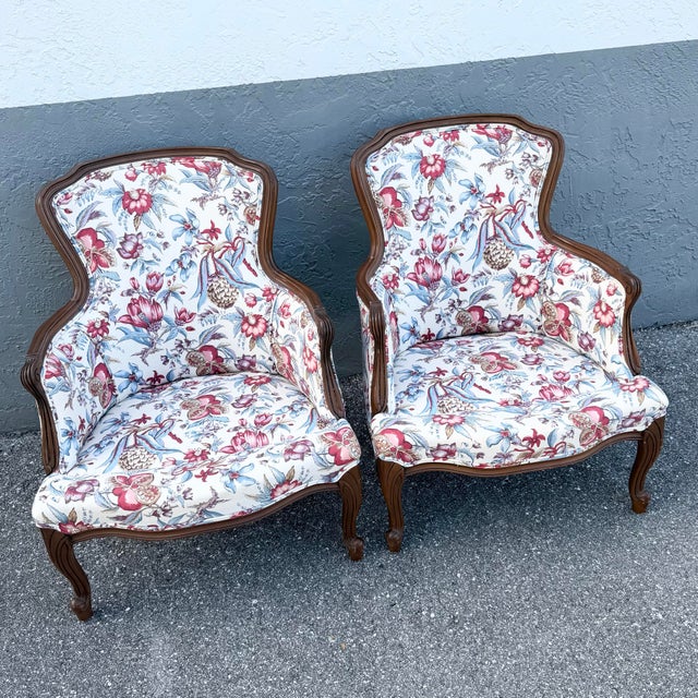 Textile Vintage French Provincial Floral Upholstery Lounge Chairs - Pair For Sale - Image 7 of 10