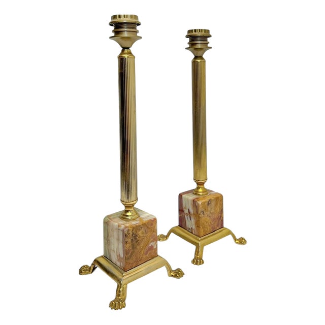Classic Brass and Onyx Marble Column Table Lamps, France, 1960s, Set of 2 For Sale