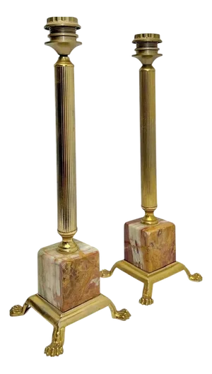 Classic Brass and Onyx Marble Column Table Lamps, France, 1960s, Set of 2