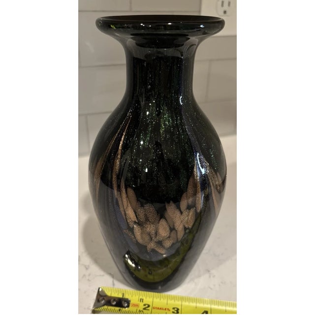 Glass Vintage Murano Style Hand Blown Black Iridescent Art Glass Vase For Sale - Image 7 of 7