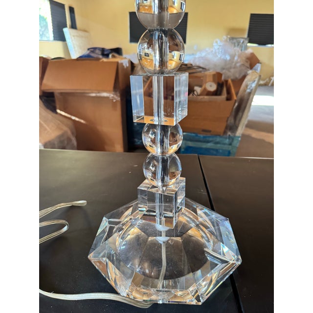 Vintage lucite table lamp with sculptural stacked geometric design and oversized shade. Heavy, high-end look with...