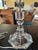 Vintage lucite table lamp with sculptural stacked geometric design and oversized shade. Heavy, high-end look with...