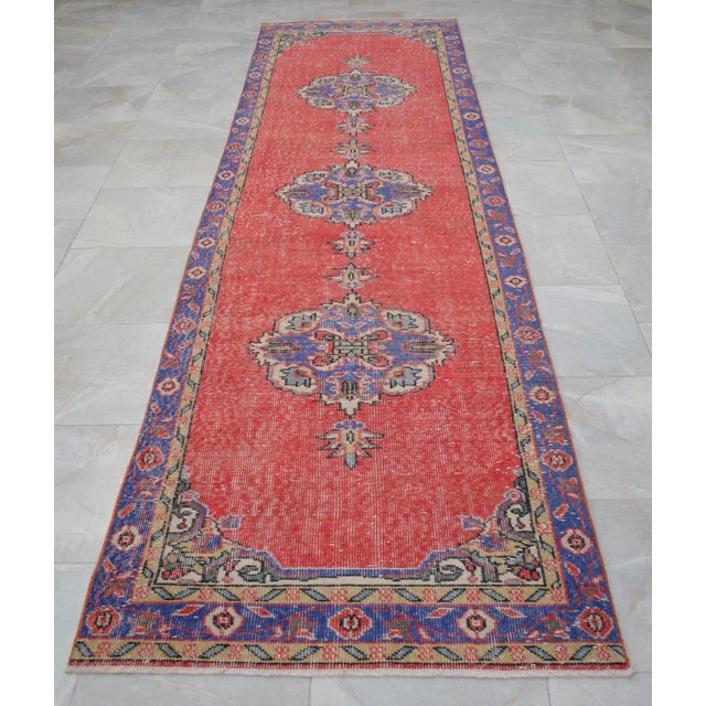 Traditional Ottoman Design Distressed Oushak Runner Rug Faded Colors Low Pile - 3'3″ X 12' For Sale - Image 6 of 15