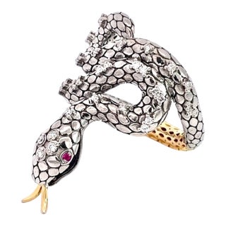 1980s Snake Ring Silver and Gold Diamond Studded For Sale