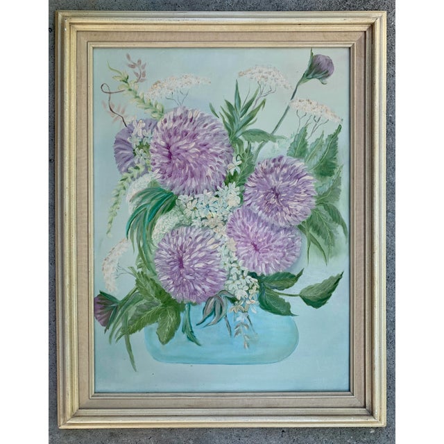 1960’s Purple Mum Floral Arrangement Still Life Painting- Framed For Sale - Image 9 of 9