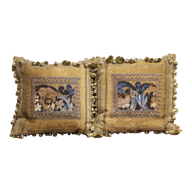 Pair of Pillows With Trim Made With 18th Century Aubusson Tapestry Fragments For Sale