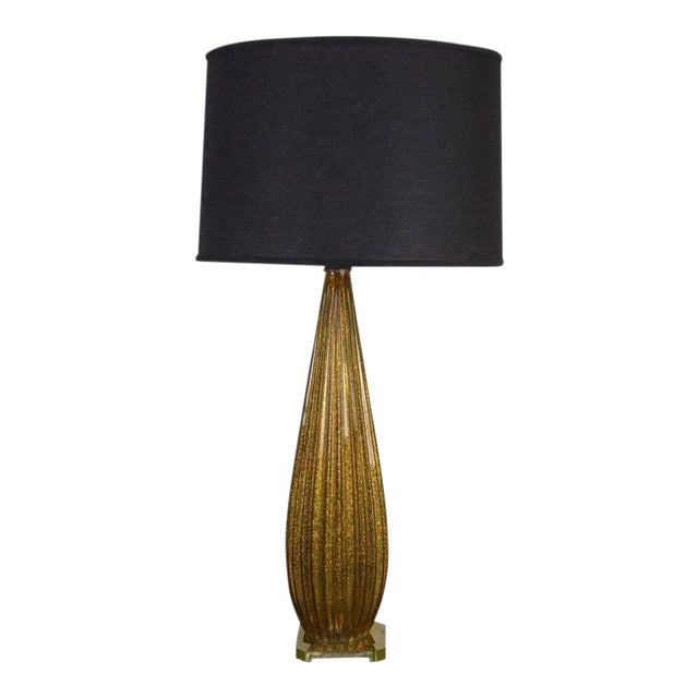 Italian Murano Ribbed Glass Table Lamp With Gold Flecks, 1960s For Sale