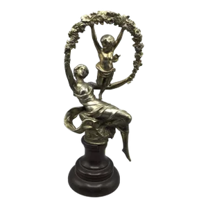Late 19th Century Victorian Cast Metal Sculpture of a Female Supporting a Swinging Child in a Floral Wreath on a Walnut Base