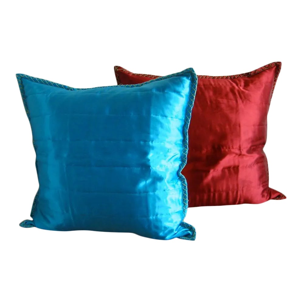 Anichini Silk Red and Turquoise Throw Pillows With Down Pillows Chairish