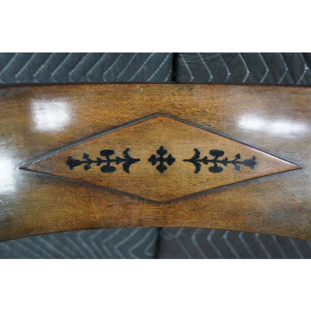 2 Antique English Sheraton Regency Style Mahogany Inlaid Floral Silk Arm Chairs For Sale - Image 11 of 18