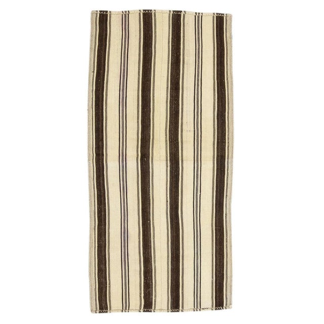 Textile Mid 20th Century Ivory & Brown Striped Vintage Kilim Rug For Sale - Image 7 of 7