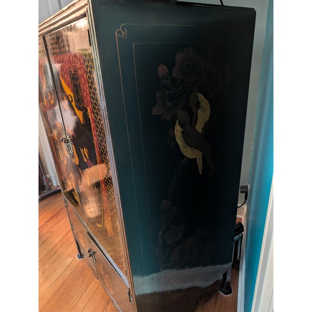 Vintage Chinese Chinoiserie Black Lacquer Armoire Cabinet For Sale - Image 13 of 14