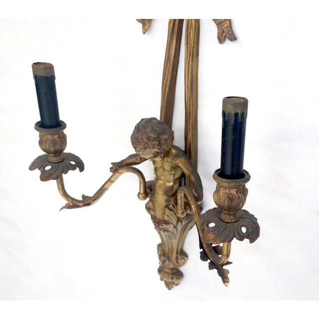 French Pair Antique Gilt Bronze Two-Light Wall Sconce w/ Cherub Louis XVI Style NICE For Sale - Image 3 of 12