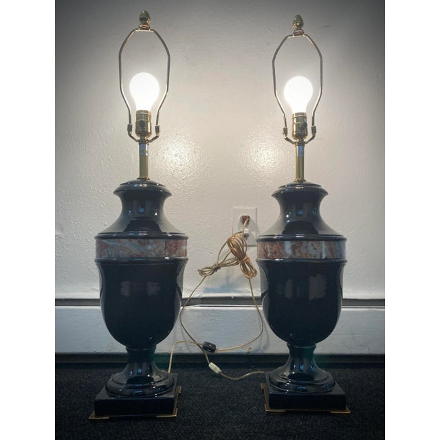Pair of Black Glazed Porcelain & Bronze Urn Table Lamps From Marbro For Sale - Image 13 of 13