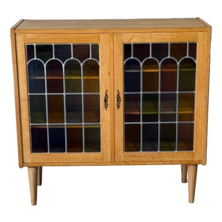 Oak Two-Door Cabinet With Multi-Colored Stained Glass Doors Danish Mid-Century Modern 1970s For Sale