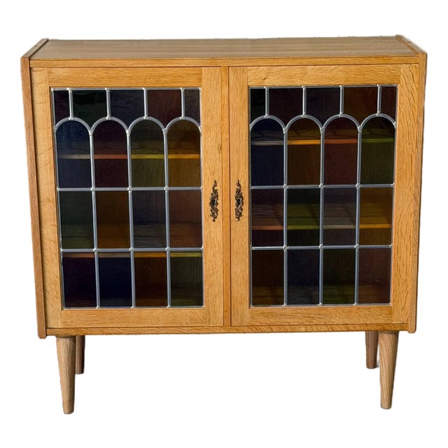 Oak Two-Door Cabinet With Multi-Colored Stained Glass Doors Danish Mid-Century Modern 1970s For Sale