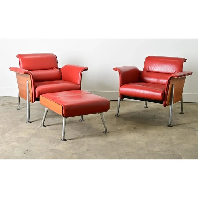 Modern Pair of Red Leather Armchairs & Ottoman by Wilkhahn For Sale - Image 10 of 12