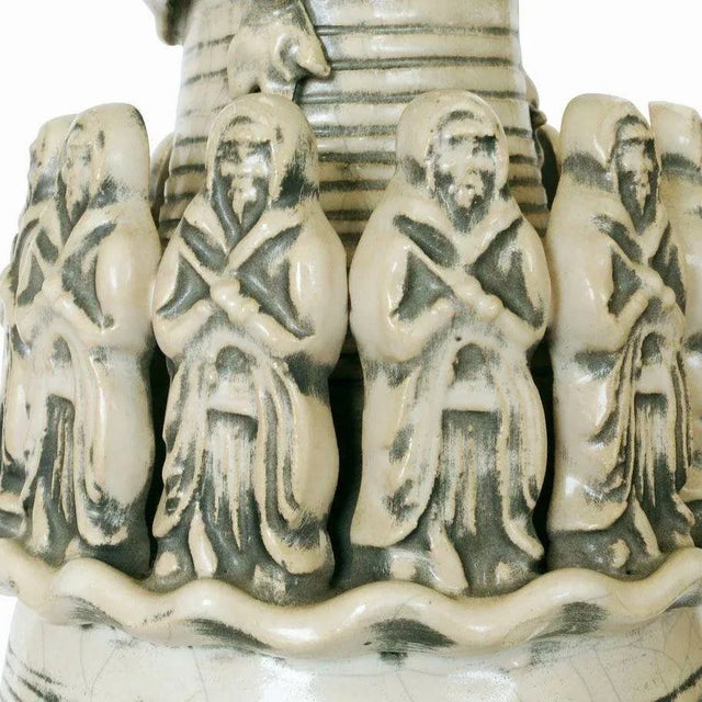 1960s Monumental Art Pottery Ceremonial Monks With Dragon Table Lamp For Sale - Image 5 of 7