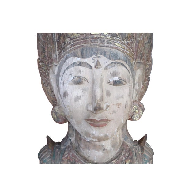 Mid 19th Century Antique Pair of 19th Large Carved Wood Statues of Thai Theppanom Buddhist Angel Deities For Sale - Image 5 of 11