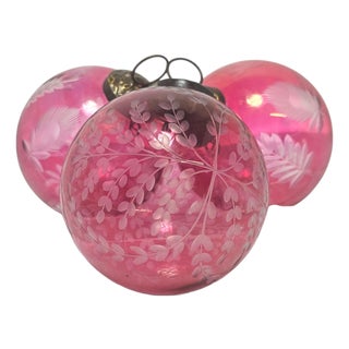 Late 20th Century Cranberry Glass Kugel-Style Botanical Christmas Ornaments, Set of 3 For Sale