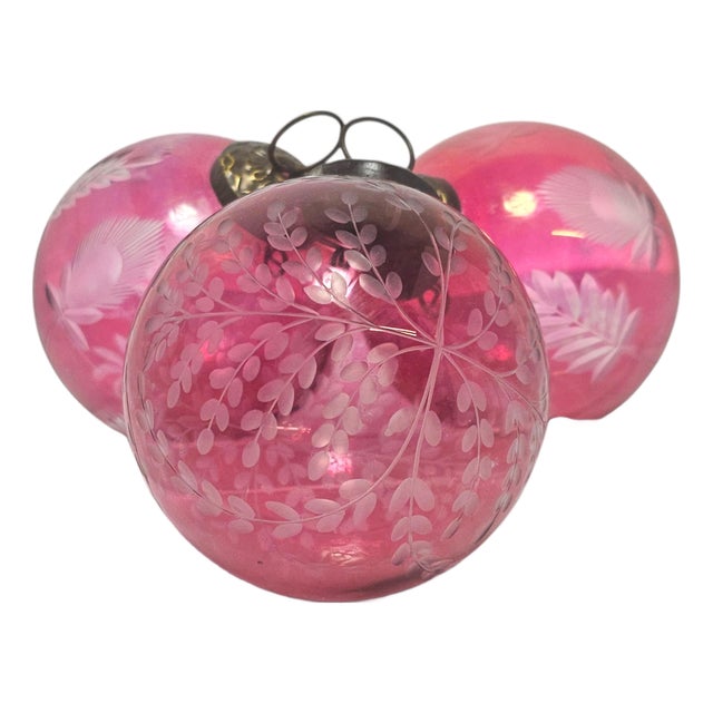 Late 20th Century Cranberry Glass Kugel-Style Botanical Christmas Ornaments, Set of 3 For Sale