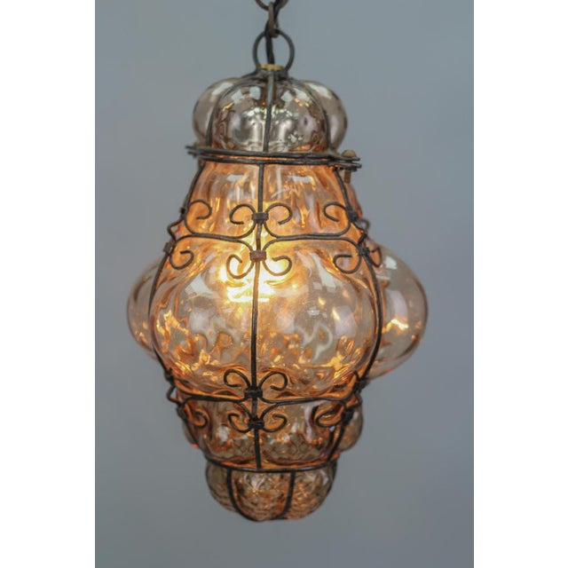 Italian Venetian Amber Smoke Coloured Clear Murano Glass Caged Hanging Lantern, 1950s For Sale - Image 6 of 18
