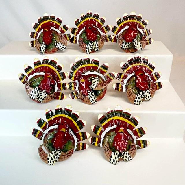 Vintage Boho Chic Americana Arts & Crafts Enameled Tole Turkey Napkin Ring - Set of 8, Thanksgiving For Sale - Image 6 of 11