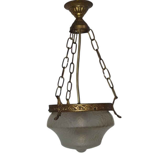 Antique Ceiling Lamp with Ornate Brass Frame and Original Glass Shade, 1890s For Sale