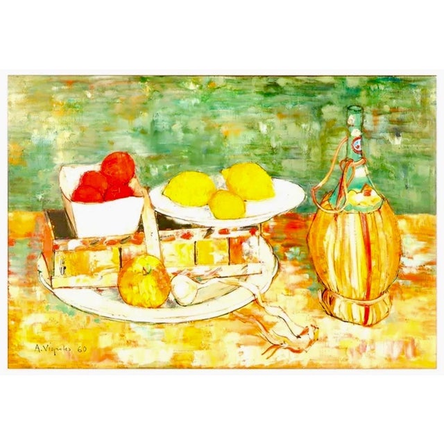 André Vignoles, French Oil Painting Andre Vignoles Farm Kitchen, Wine Flask, Fruits, Vegetables For Sale - Image 9 of 10