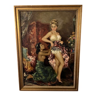 19th-Century Signed Orientalist Oil Painting — Woman & Attendant, Signed "Roma" For Sale