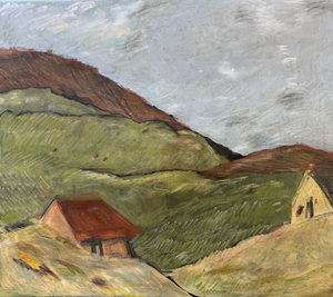 Original Oil Painting Landscape With Mountain Houses | Green Hills Wall Art | Rustic Oil Painting on Canvas