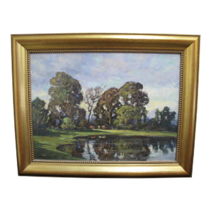 Clyde Leon Keller Signed Landscape Reflections Oregon Oil Painting Gilt Frame
