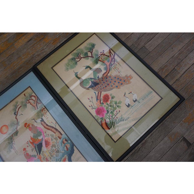 Wonderful Ivory Color With Floral Design Antique Set of Silk Embroidery of Peacock & Phoenix For Sale - Image 12 of 15