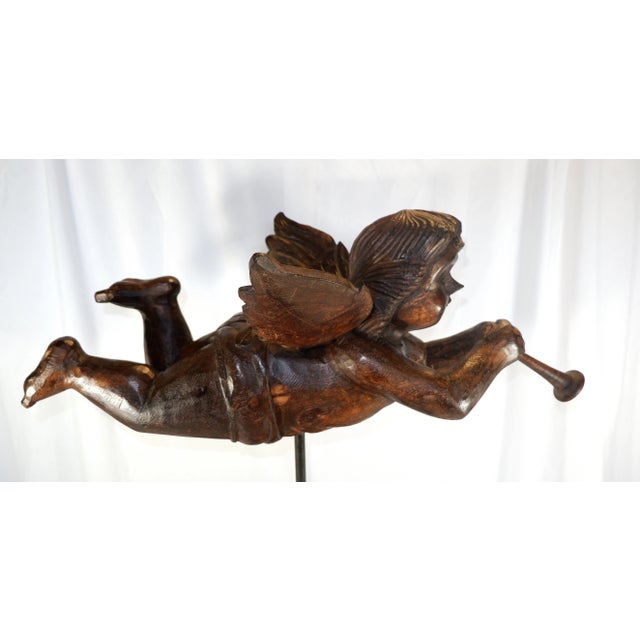 Wood Antique Large Wood Carved Angel W/Trumpet Paper Mache Mold For Sale - Image 7 of 13